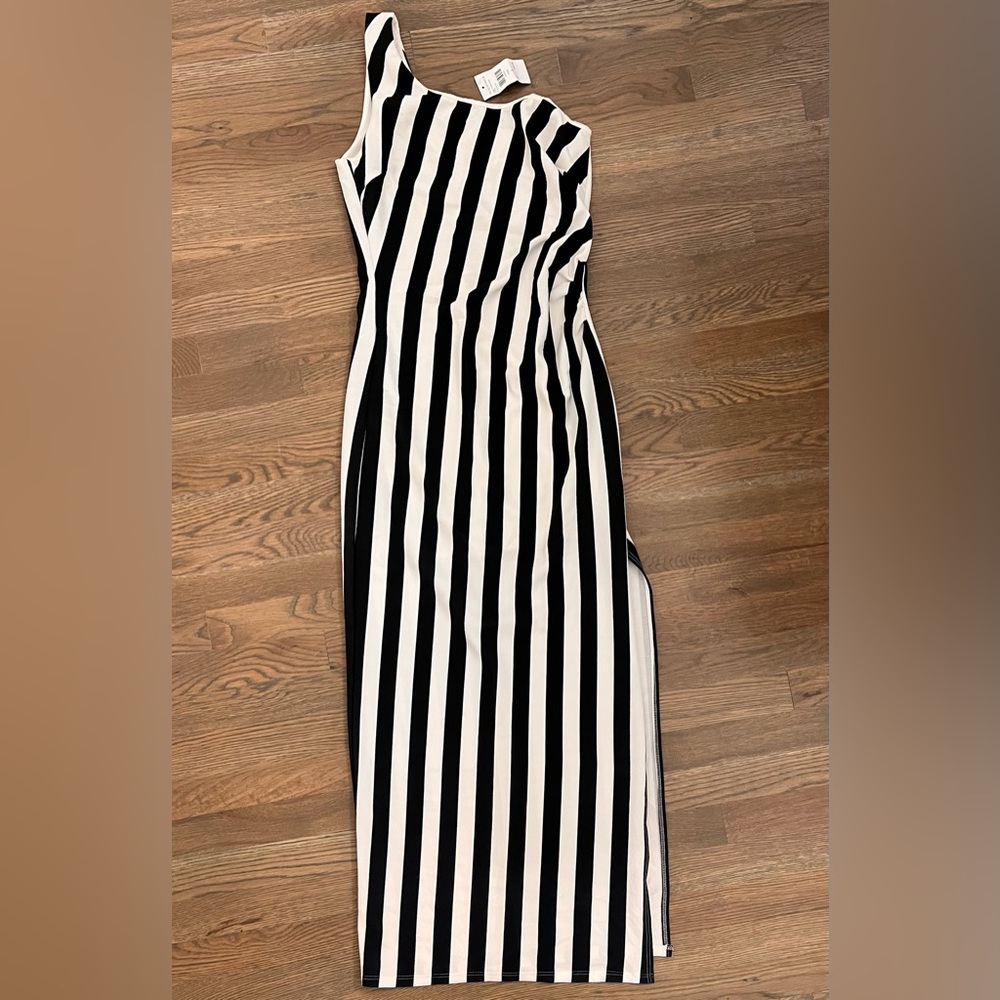 Black & white striped, one shoulder dress from Fashion Nova
